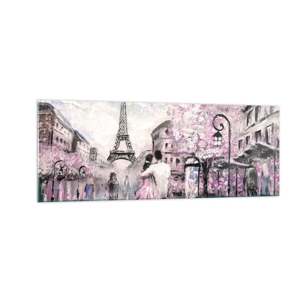 Cuadro sobre vidrio - Impresiones sobre Vidrio - Un paseo romántico por París junto a la Torre Eiffel - 140x50cm - La ciudad del amor - Decoración de pared moderna para salón y dormitorio ARTTOR