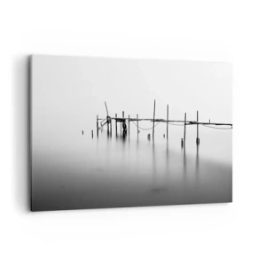 Cuadro sobre lienzo - Impresión de Imagen - Un embarcadero en blanco y negro inmerso en un paisaje brumoso. - 120x80cm - ¿Y si no hay mundo? - Decoración de pared moderna para salón y dormitorio ARTTOR