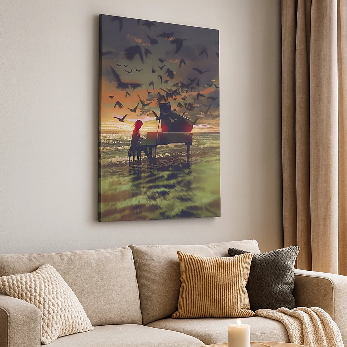 Cuadro sobre lienzo - Impresión de Imagen - Un piano en la orilla del mar al atardecer con pájaros. - 50x70cm - Concierto de piano y olas - Decoración de pared moderna para salón y dormitorio ARTTOR