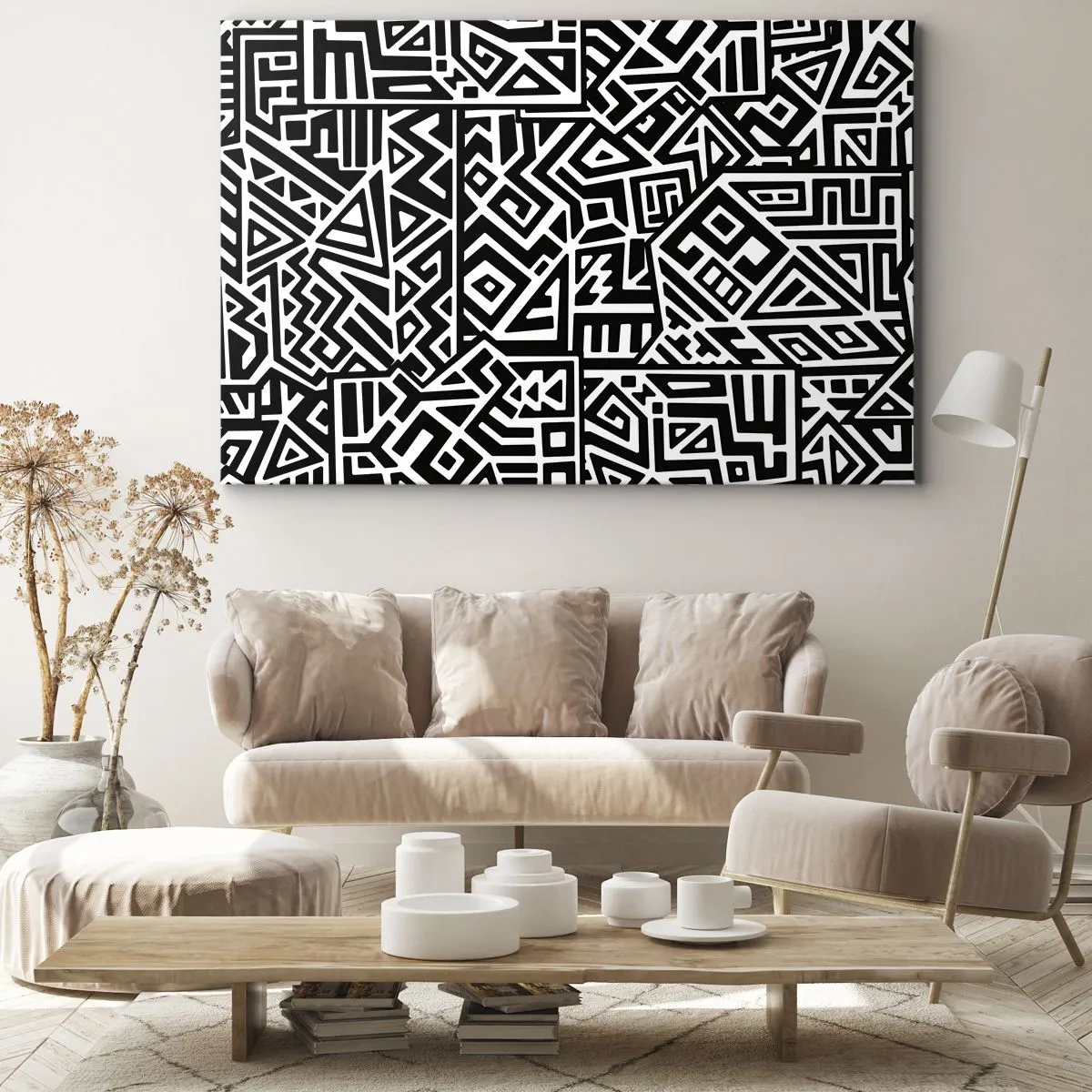 Cuadro sobre lienzo - Impresión de Imagen - Patrones geométricos en blanco y negro inspirados en la cultura precolombina. - 70x50cm - Composición precolombina - Decoración de pared moderna para salón y dormitorio ARTTOR