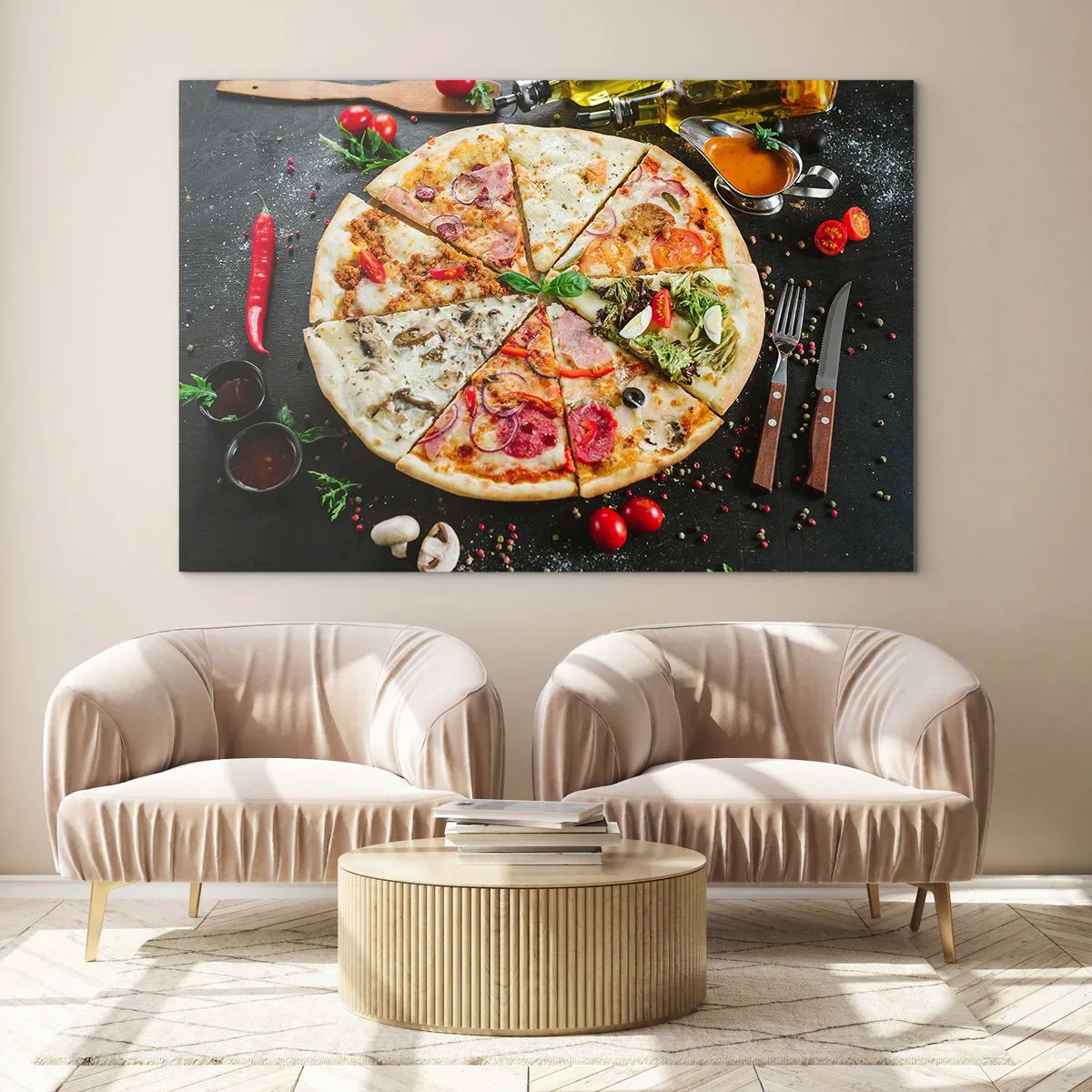 Cuadro sobre vidrio - Impresiones sobre Vidrio - Pizza de varios sabores con aderezos sobre un fondo oscuro. - 100x70cm - Una gama de gustos - Decoración de pared moderna para salón y dormitorio ARTTOR