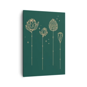 Cuadro sobre lienzo - Impresión de Imagen - Dibujos dorados de hierbas sobre un fondo verde oscuro. - 50x70cm - La familia vegetal - Decoración de pared moderna para salón y dormitorio ARTTOR