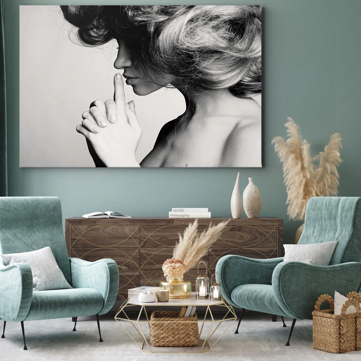 Cuadro sobre lienzo - Impresión de Imagen - Perfil en blanco y negro de una mujer haciendo un gesto de silencio. - 70x50cm - Escucharme a mí misma - Decoración de pared moderna para salón y dormitorio ARTTOR