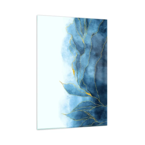 Cuadro sobre vidrio - Impresiones sobre Vidrio - Ondas abstractas en tonos azules con acentos dorados. - 80x120cm - Oro y azul - Decoración de pared moderna para salón y dormitorio ARTTOR