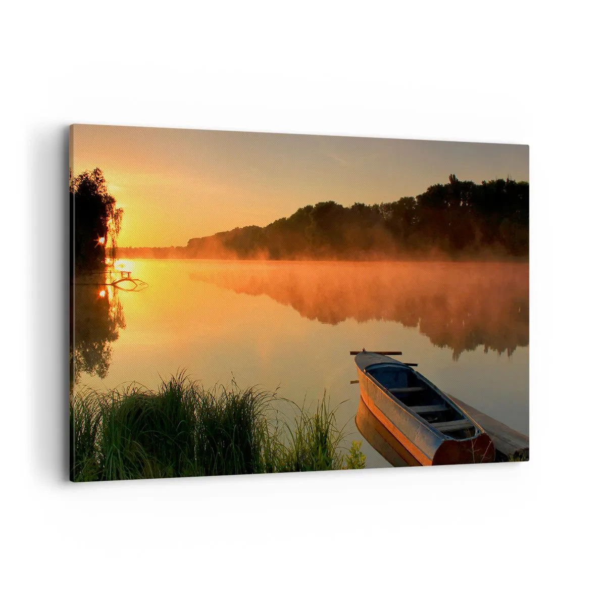 Cuadro sobre lienzo - Impresión de Imagen - Niebla matutina sobre el río con un barco bajo los rayos del sol. - 120x80cm - Amanecer sobre el agua como la superficie de un espejo - Decoración de pared moderna para salón y dormitorio ARTTOR
