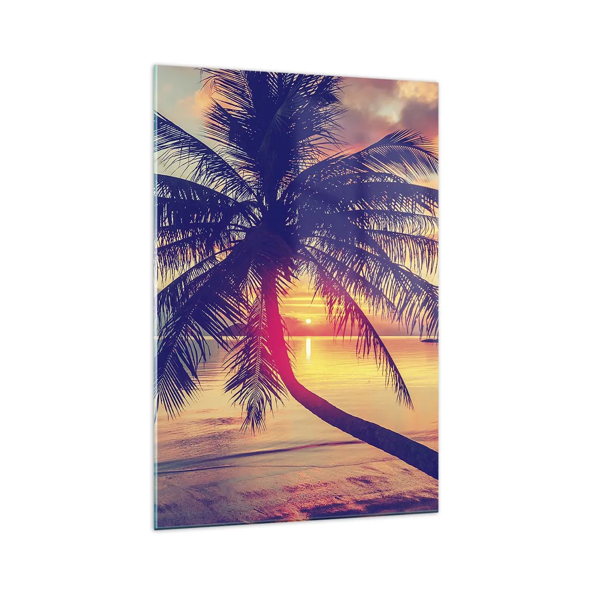 Cuadro sobre vidrio - Impresiones sobre Vidrio - Puesta de sol con una palmera sobre una orilla tranquila - 70x100cm - Atardecer bajo las palmeras - Decoración de pared moderna para salón y dormitorio ARTTOR
