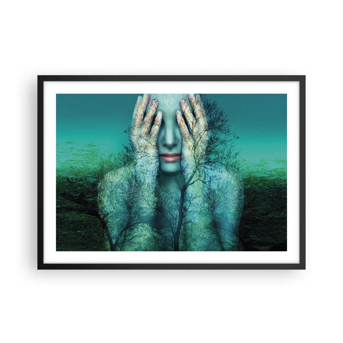 Póster en marco negro - Figura de mujer con motivo de árbol sobre un fondo de paisaje turquesa. - 70x50cm - Sumergida en azul - Decoración de pared moderna para salón y dormitorio ARTTOR