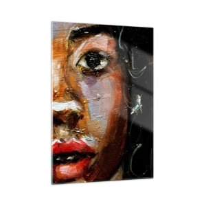 Cuadro sobre vidrio - Impresiones sobre Vidrio - Fragmento de un retrato colorido de una mujer en estilo pictórico. - 50x70cm - La mitad de mi ser - Decoración de pared moderna para salón y dormitorio ARTTOR