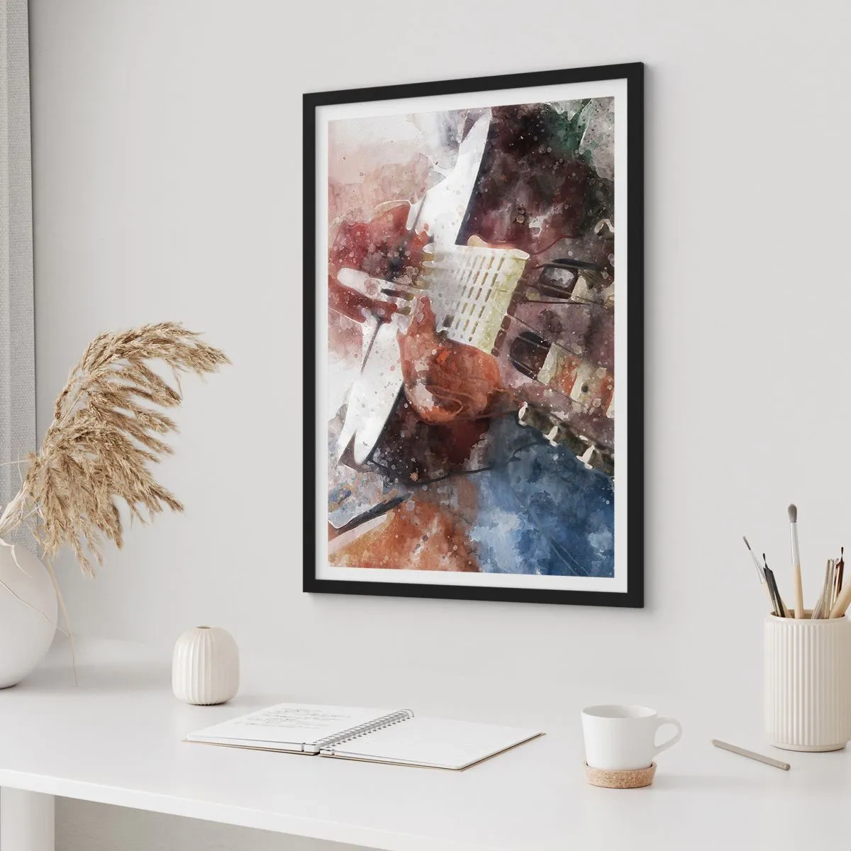 Póster en marco negro - Representación artística de una guitarra en estilo acuarela. - 50x70cm - ¿Y qué opinas? - Decoración de pared moderna para salón y dormitorio ARTTOR
