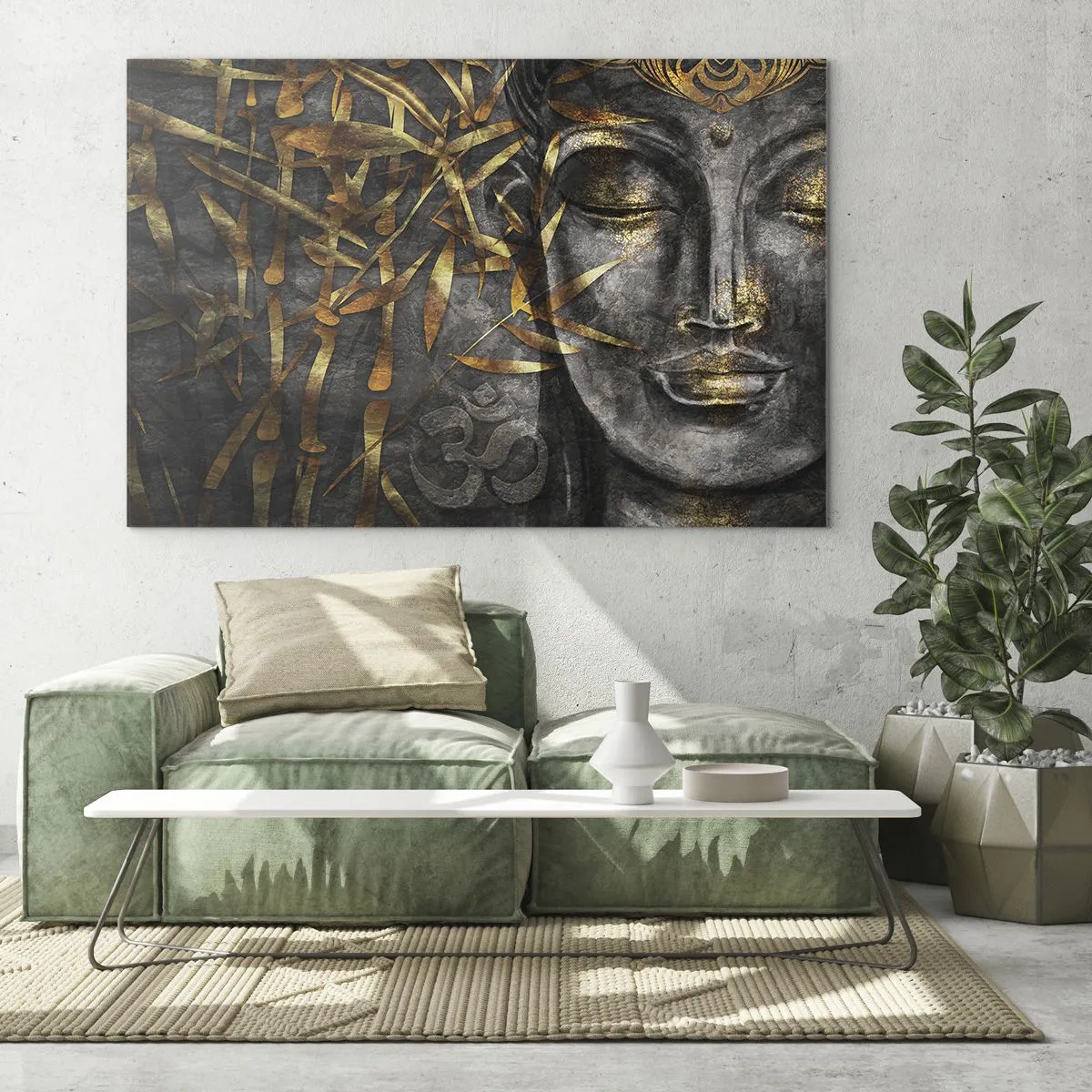 Cuadro sobre vidrio - Impresiones sobre Vidrio - Imagen de Buda dorado sobre un fondo de bambú. - 100x70cm - Siente la paz - Decoración de pared moderna para salón y dormitorio ARTTOR
