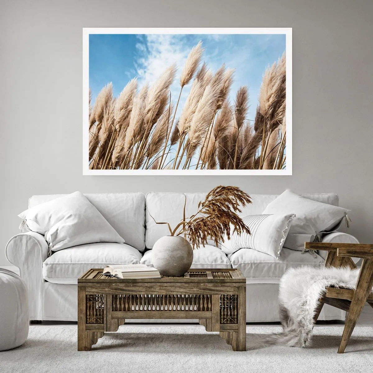 Póster - Delicadas hierbas de la pampa contra un cielo azul con nubes ligeras - 100x70cm - Una caricia soleada y ventosa - Decoración de pared moderna para salón y dormitorio ARTTOR
