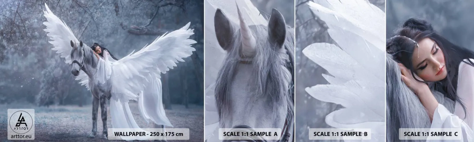 Muestra de fotomural autoadhesivo Deluxe Sticker - Un momento de inspiración - Abstracción, Caballo, Mujer - 100x30 cm