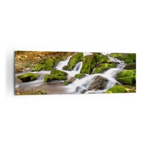 Cuadro sobre lienzo - Impresión de Imagen - Un paisaje boscoso con una cascada rodeada de musgo. - 160x50cm - Atravesando el bosque otoñal - Decoración de pared moderna para salón y dormitorio ARTTOR