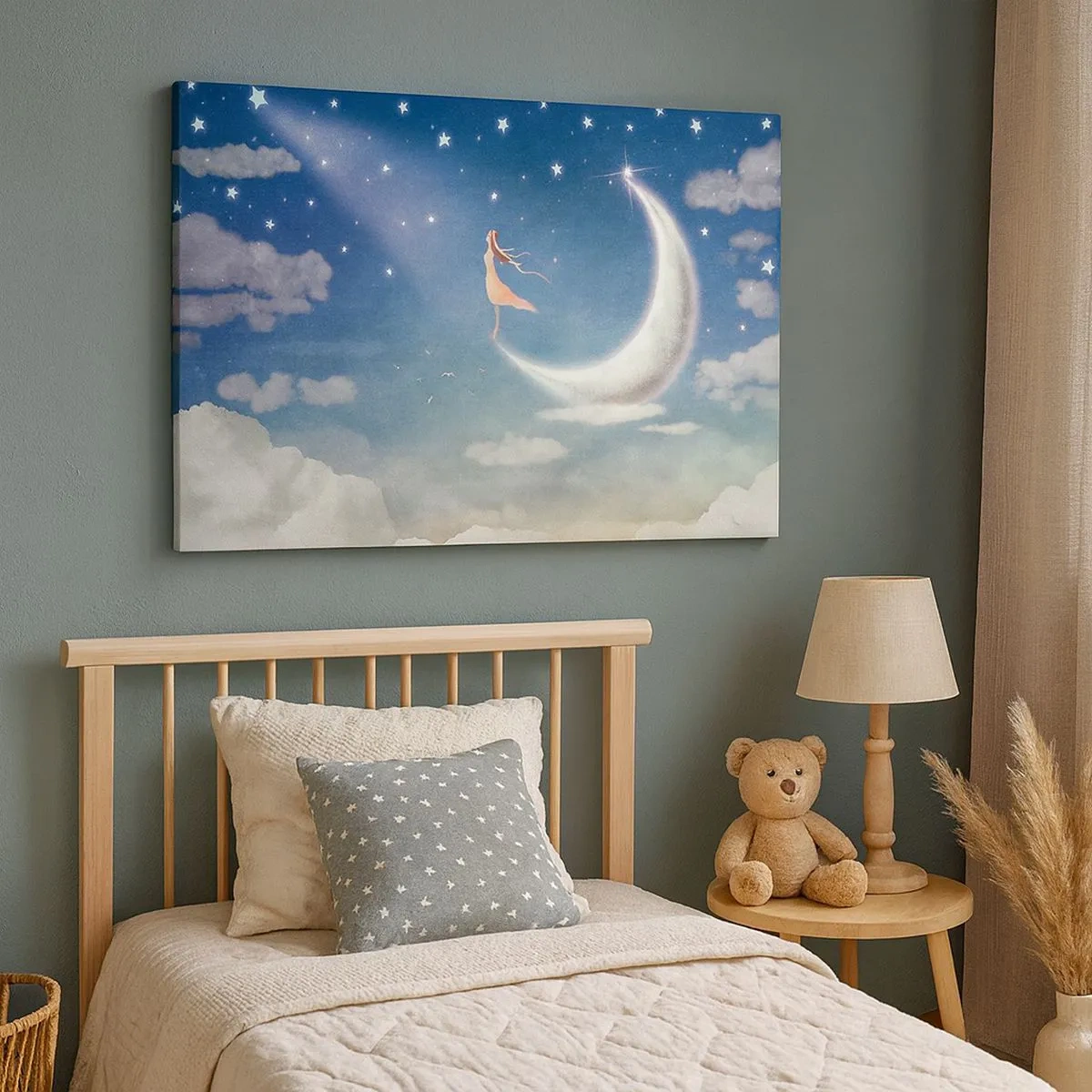 Cuadro sobre lienzo - Impresión de Imagen - Una mujer en la luna rodeada de estrellas y nubes. - 70x50cm - Pretendiente sobre azul - Decoración de pared moderna para salón y dormitorio ARTTOR