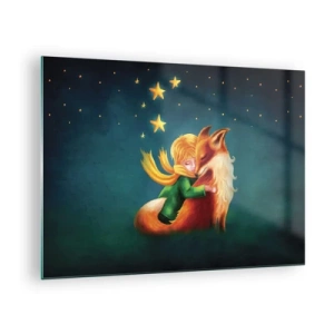 Cuadro sobre vidrio - Impresiones sobre Vidrio - El Principito abrazando a un zorro bajo un cielo estrellado - 70x50cm - El Principito - Decoración de pared moderna para salón y dormitorio ARTTOR