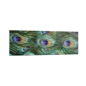 Cuadro sobre vidrio - Impresiones sobre Vidrio - Detalles de plumas de pavo real en ricos colores. - 160x50cm - Mirada de pavo real - Decoración de pared moderna para salón y dormitorio ARTTOR