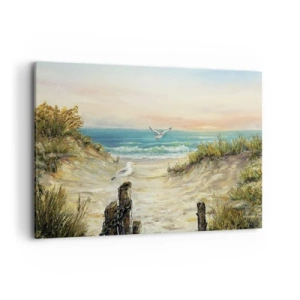Cuadro sobre lienzo - Impresión de Imagen - Costa con gaviotas y dunas al atardecer - 100x70cm - Un retiro ventoso - Decoración de pared moderna para salón y dormitorio ARTTOR