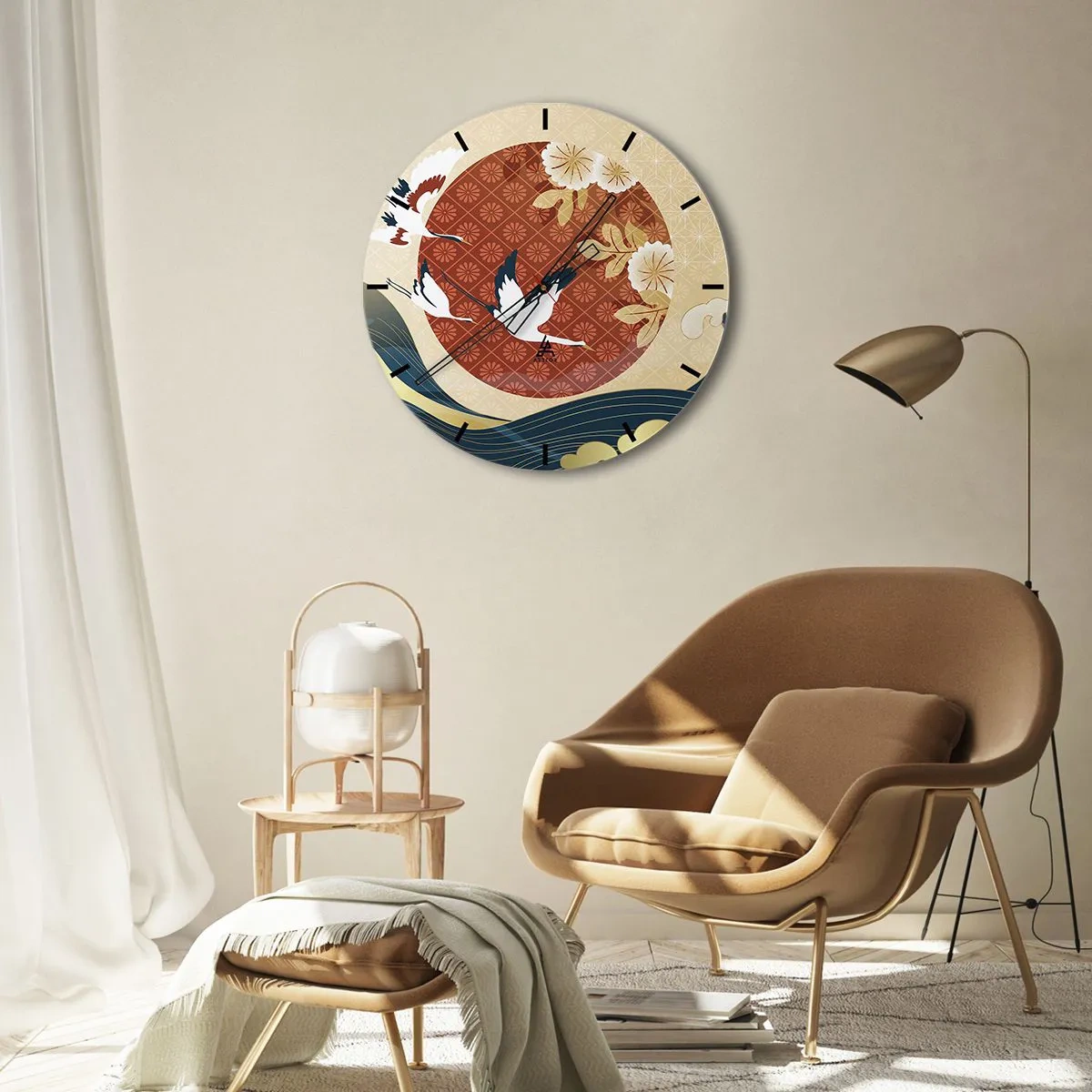 Reloj de pared - Reloj de vidrio - Grúas japonesas sobre un fondo de círculo rojo y ondas estilizadas. - 30x30cm - Un cuento de hadas japonés - Decoración de pared moderna para salón, cocina y dormitorio ARTTOR