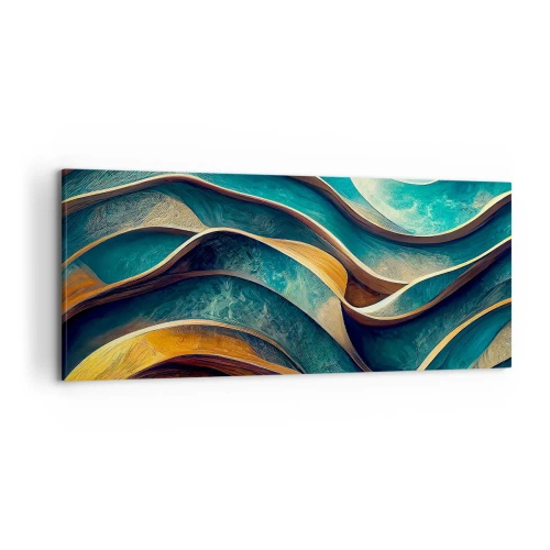 Cuadro sobre lienzo - Impresión de Imagen - Ondas abstractas en tonos turquesa y dorado - 120x50cm - Meandros de azul - Decoración de pared moderna para salón y dormitorio ARTTOR