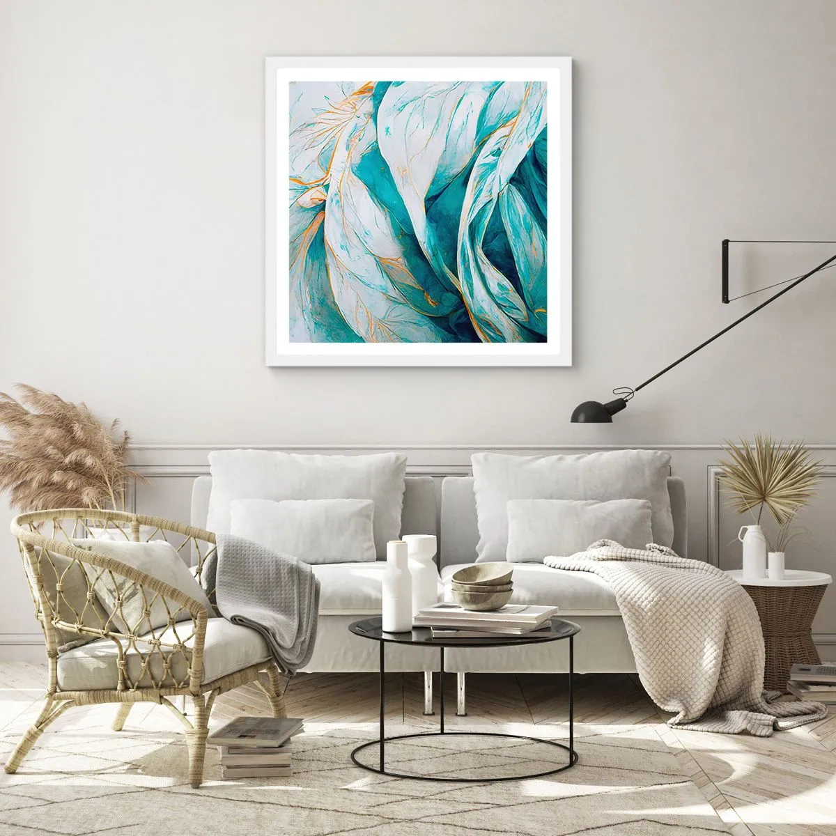 Póster en marco blanco - Abstracción azul con motivos dorados - 30x30 cm