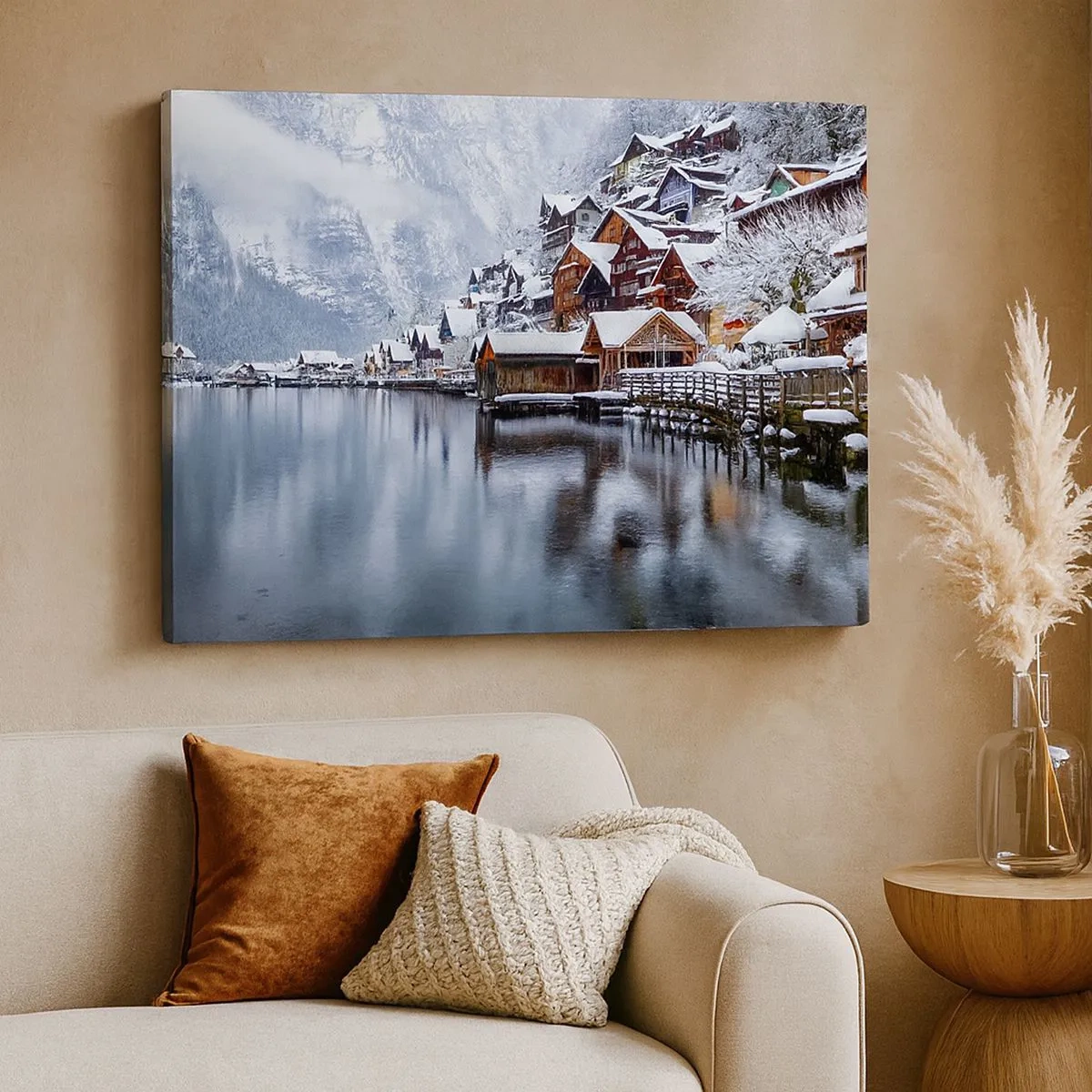 Cuadro sobre lienzo - Impresión de Imagen - Vista invernal de un pueblo de montaña junto al lago. - 70x50cm - En un decorado de invierno - Decoración de pared moderna para salón y dormitorio ARTTOR