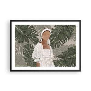 Póster en marco negro - Retrato de una mujer con un vestido blanco sobre un fondo de hojas de monstera. - 70x50cm - Retrato exótico - Decoración de pared moderna para salón y dormitorio ARTTOR