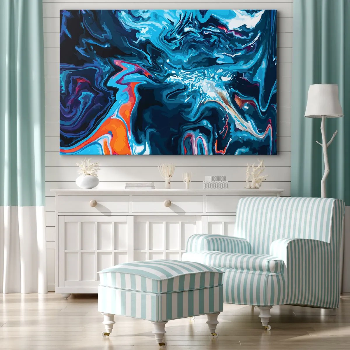 Cuadro sobre lienzo - Impresión de Imagen - Un patrón abstracto en tonos azules con acentos naranjas. - 70x50cm - Un viaje al cielo - Decoración de pared moderna para salón y dormitorio ARTTOR