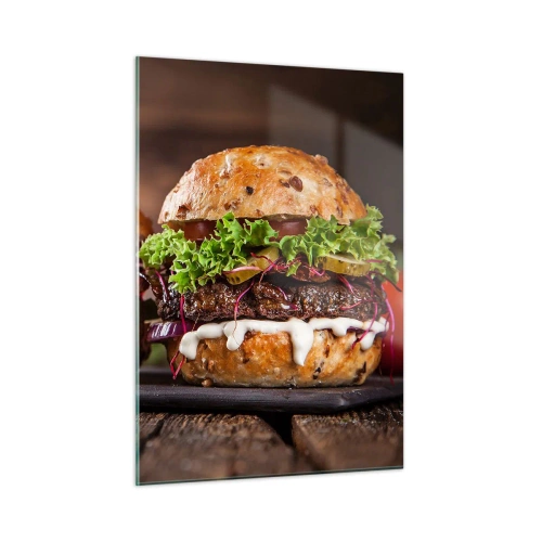 Cuadro sobre vidrio - Impresiones sobre Vidrio - Deliciosas hamburguesas con verduras y salsa. - 50x70cm - El sueño americano - Decoración de pared moderna para salón y dormitorio ARTTOR