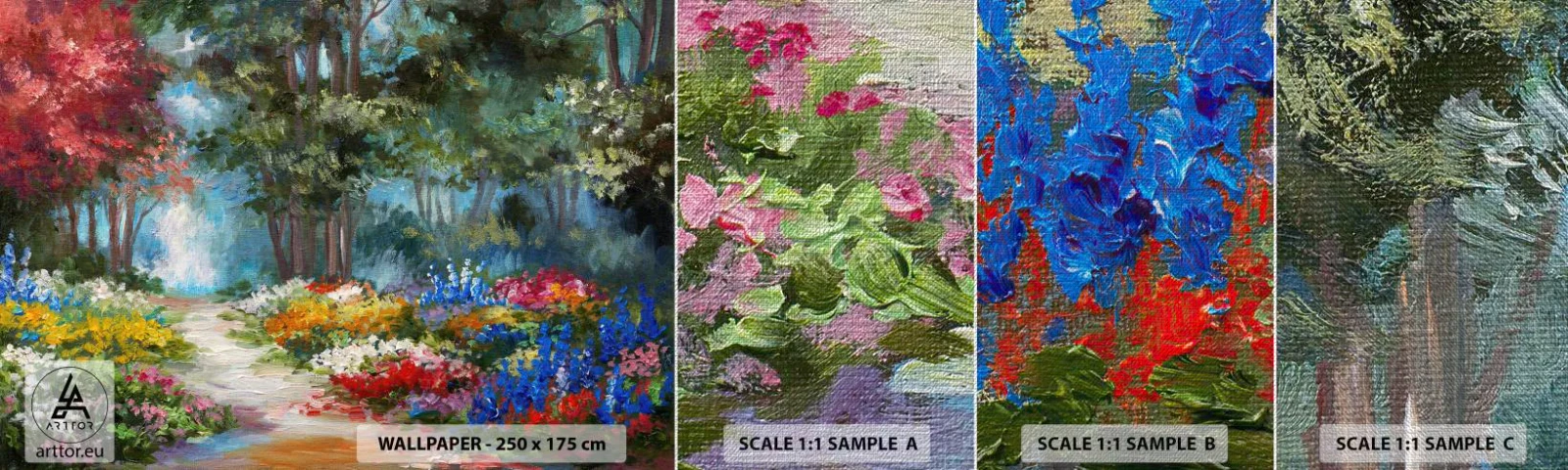 Muestra de fotomural Premium Canvas - Jardín forestal, bosque floral - Paisaje, Parque, flores - 100x30 cm