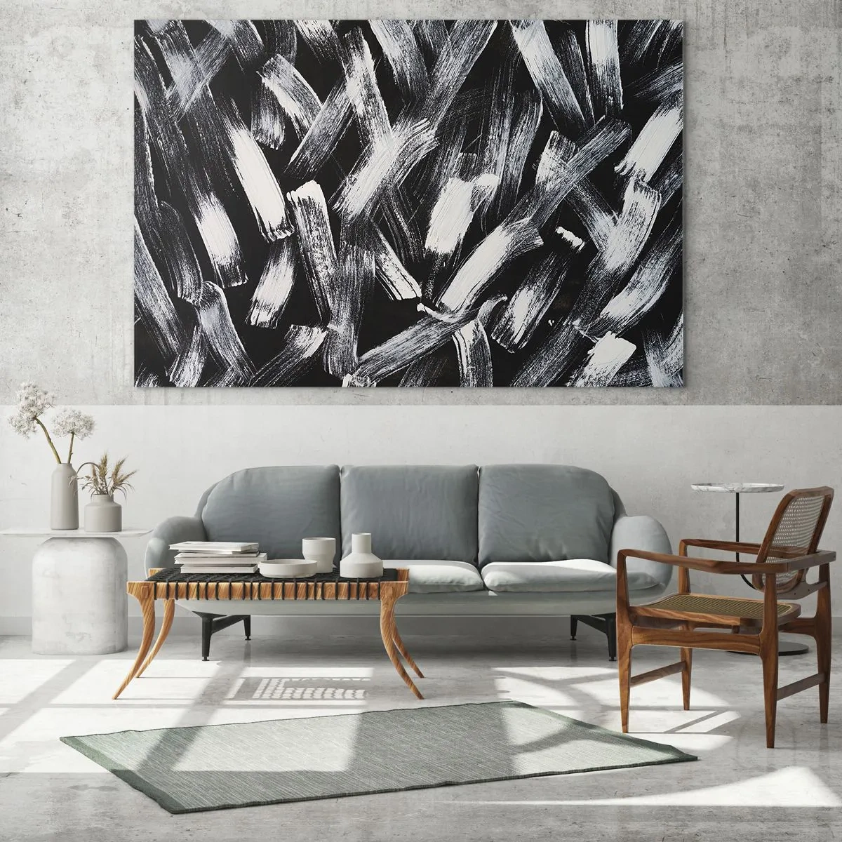 Cuadro sobre vidrio - Impresiones sobre Vidrio - Abstracción en blanco y negro de pinceladas sobre un fondo oscuro. - 70x50cm - Abstracción en el espíritu industrial - Decoración de pared moderna para salón y dormitorio ARTTOR