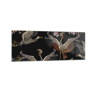 Cuadro sobre vidrio - Impresiones sobre Vidrio - Grullas y flores elegantes sobre un fondo negro. - 140x50cm - Aves de cuento de hadas - Decoración de pared moderna para salón y dormitorio ARTTOR