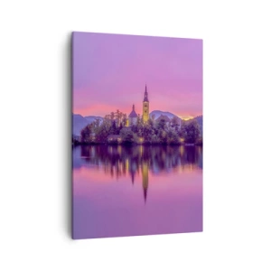 Cuadro sobre lienzo - Impresión de Imagen - Lago con una isla y una iglesia al atardecer - 50x70cm - Isla de cuento de hadas al atardecer  - Decoración de pared moderna para salón y dormitorio ARTTOR