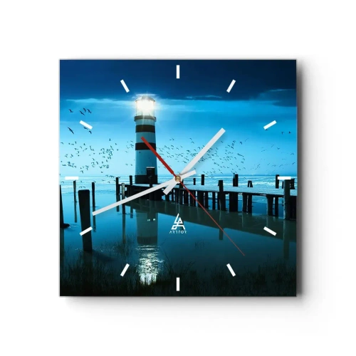 Reloj de pared - Reloj de vidrio - El faro del muelle iluminado por la noche. - 30x30cm - Sin miedo a la oscuridad - Decoración de pared moderna para salón y dormitorio ARTTOR