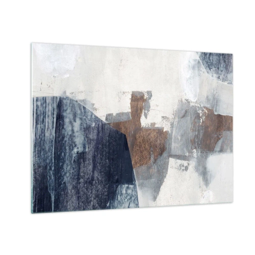 Cuadro sobre vidrio - Impresiones sobre Vidrio - Formas geométricas en azul, marrón y blanco. - 70x50cm - Formas azules y marrones - Decoración de pared moderna para salón y dormitorio ARTTOR