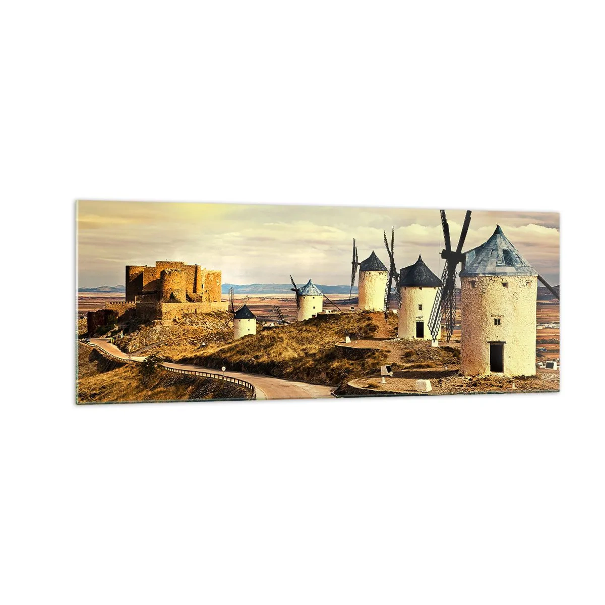 Cuadro sobre vidrio - Impresiones sobre Vidrio - Molinos de viento en las colinas con un castillo histórico al fondo - 140x50cm - Don Quijote los vio - Decoración de pared moderna para salón y dormitorio ARTTOR