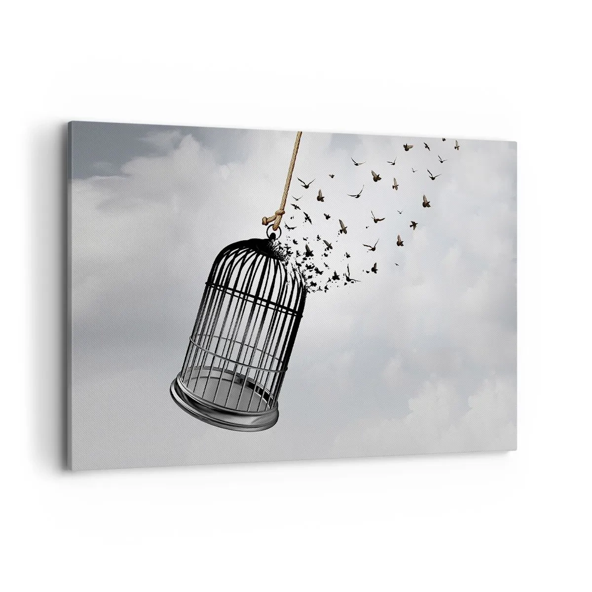 Cuadro sobre lienzo - Impresión de Imagen - Pájaros volando desde una jaula contra el cielo. - 120x80cm - Fe... Esperanza... ¡Libertad! - Decoración de pared moderna para salón y dormitorio ARTTOR