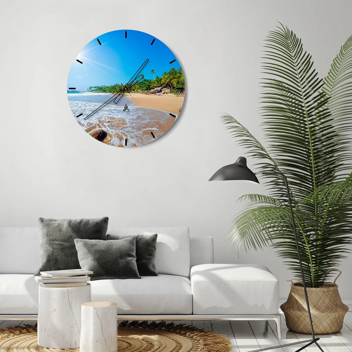 Reloj de pared - Reloj de vidrio - Playa tropical con palmeras y cielo azul. - 30x30cm - Un lugar exótico para ti - Decoración de pared moderna para salón, cocina y dormitorio ARTTOR