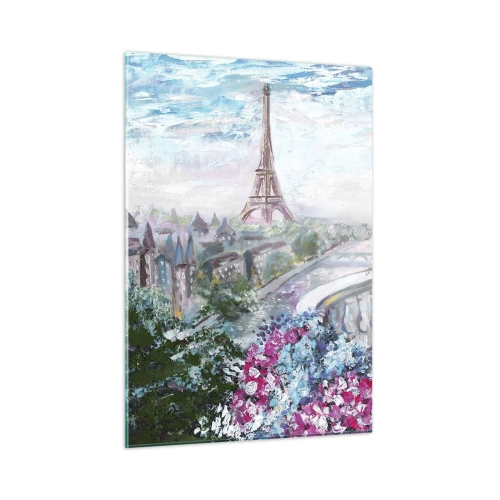 Cuadro sobre vidrio - Impresiones sobre Vidrio - Ilustración de una vista de la Torre Eiffel con un balcón lleno de flores. - 50x70cm - Mayo mágico en París - Decoración de pared moderna para salón y dormitorio ARTTOR