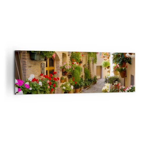 Cuadro sobre lienzo - Impresión de Imagen - Una calle con flores en macetas y muros de piedra. - 160x50cm - En un torrente de flores - Decoración de pared moderna para salón y dormitorio ARTTOR