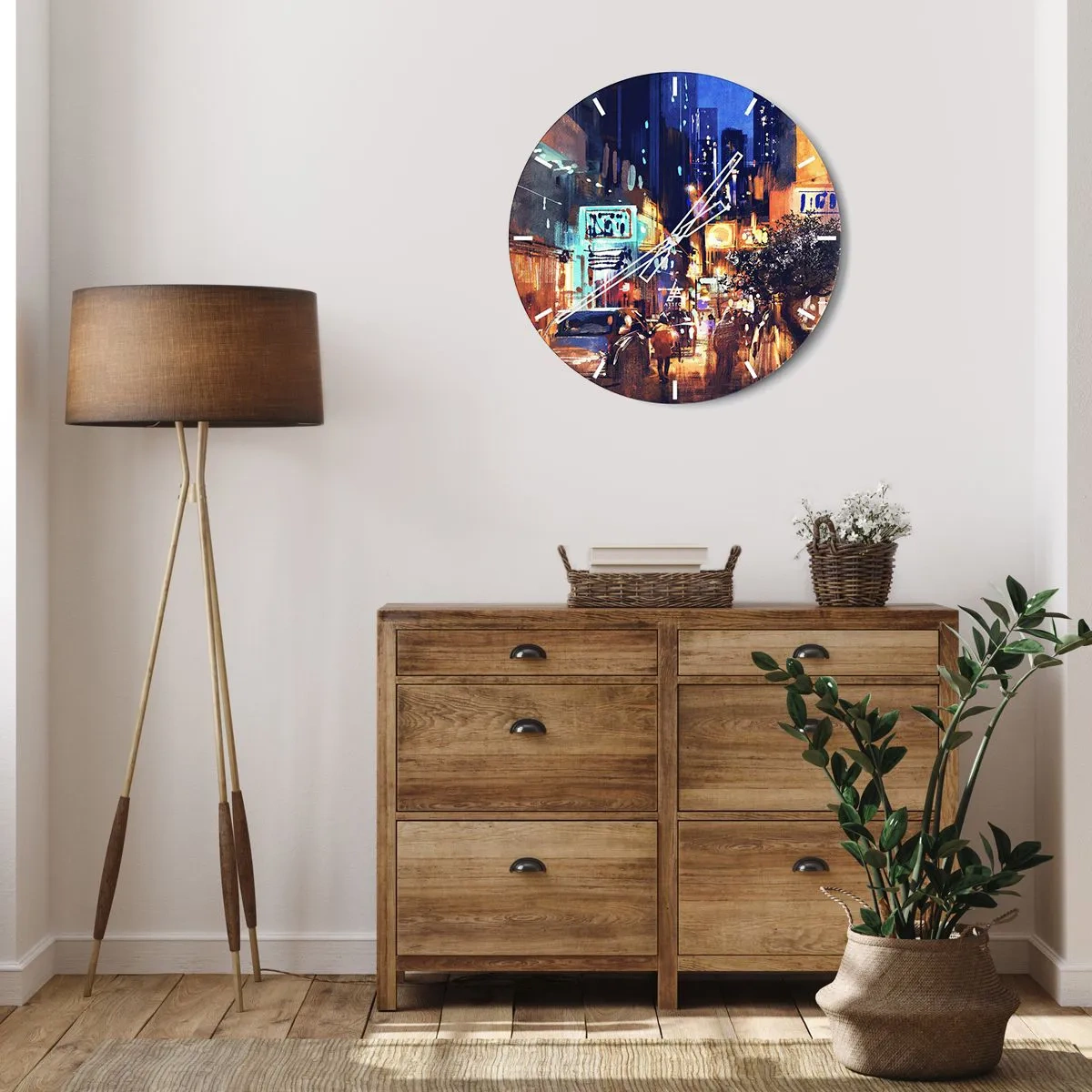 Reloj de pared - Reloj de vidrio - Calle nocturna en estilo de arte urbano - 30x30cm - Y la ciudad no duerme - Decoración de pared moderna para salón, cocina y dormitorio ARTTOR
