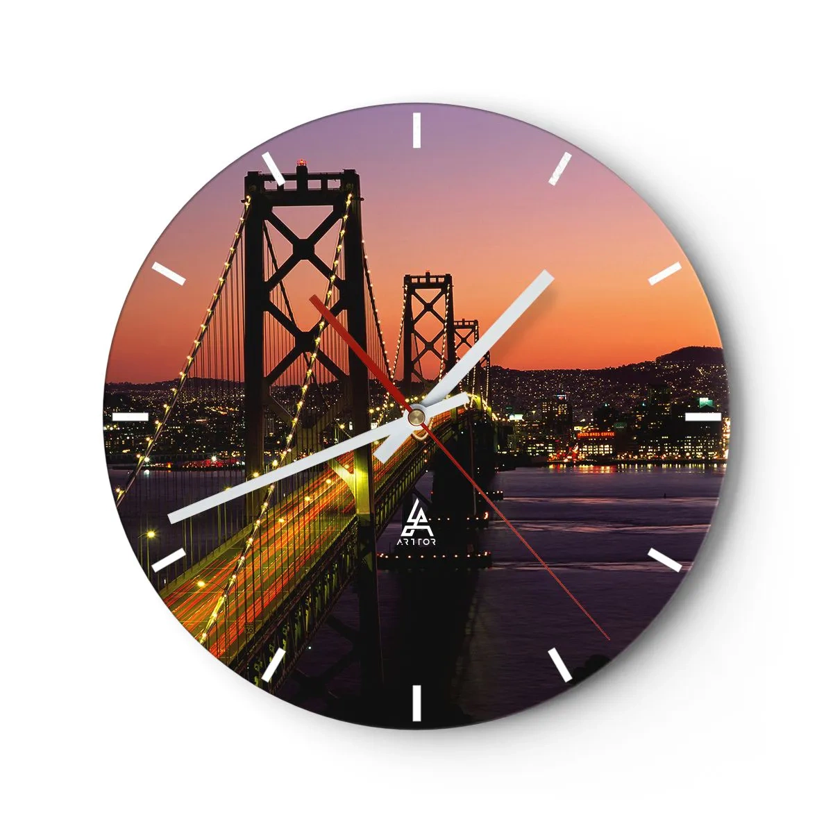 Reloj de pared - Reloj de vidrio - Un puente iluminado por luces durante la puesta del sol. - 30x30cm - Tarde violeta - Decoración de pared moderna para salón, cocina y dormitorio ARTTOR