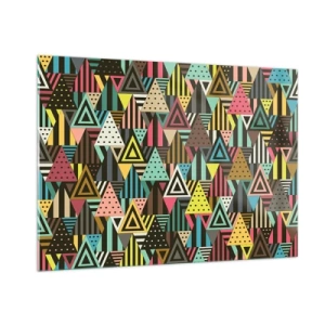 Cuadro sobre vidrio - Impresiones sobre Vidrio - Una composición abstracta con triángulos en colores intensos. - 100x70cm - A ritmo de triángulo - Decoración de pared moderna para salón y dormitorio ARTTOR