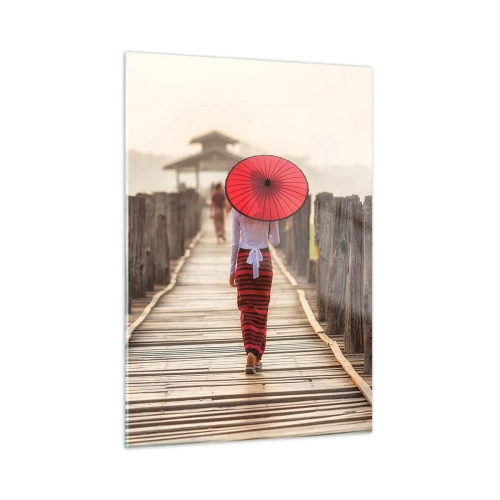 Cuadro sobre vidrio - Impresiones sobre Vidrio - Una mujer con un paraguas rojo en un puente de madera. - 50x70cm - En un viejo puente - Decoración de pared moderna para salón y dormitorio ARTTOR