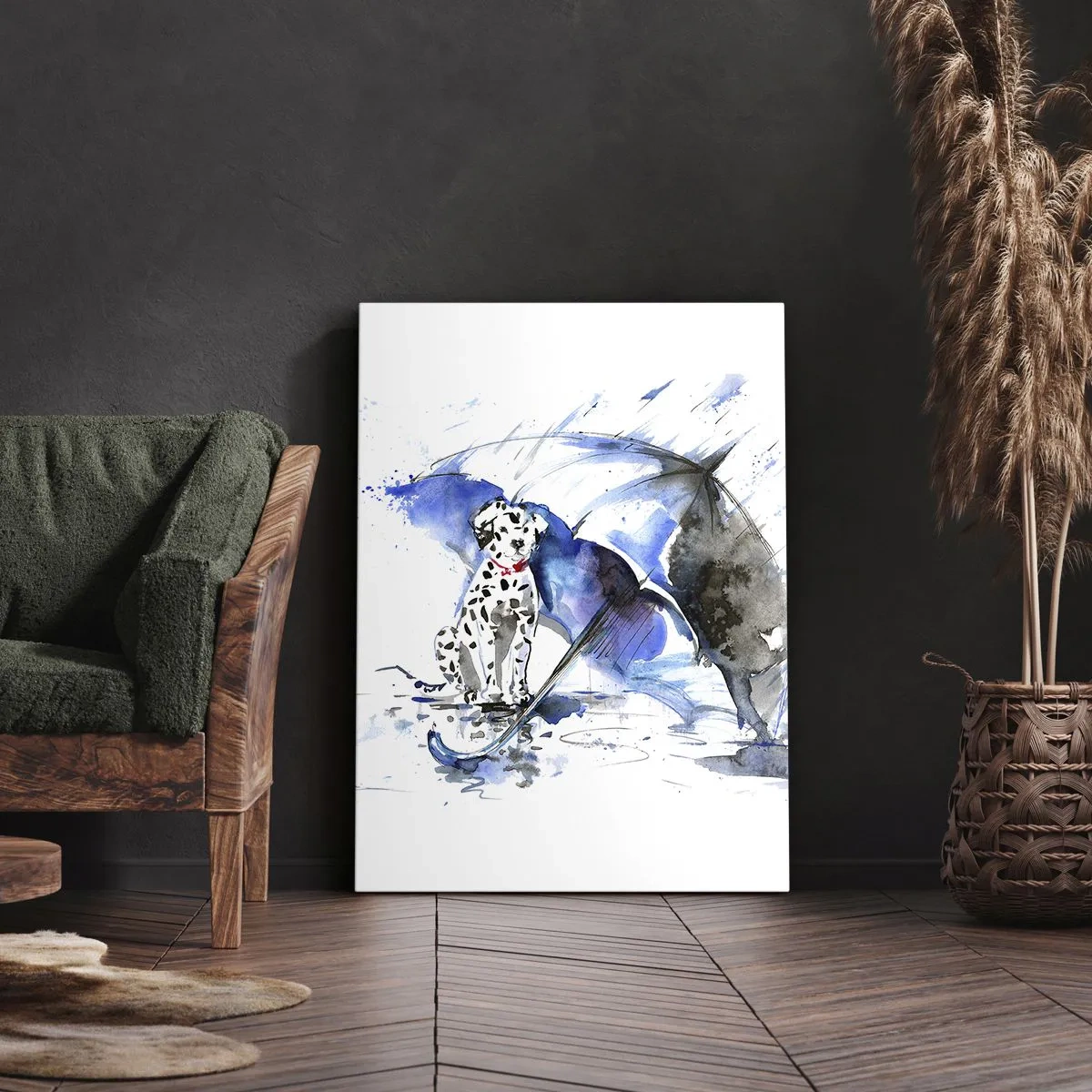 Cuadro sobre lienzo - Impresión de Imagen - Pintura de acuarela de un perro dálmata con un paraguas al fondo. - 70x100cm - Para eso está un amigo - Decoración de pared moderna para salón y dormitorio ARTTOR