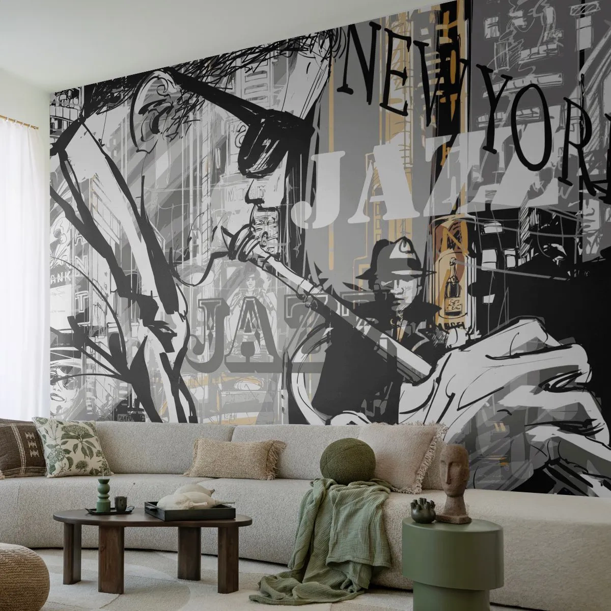 Fotomural Premium Sand - Vibraciones de jazz de Nueva York en blanco y negro - 100x70cm - Al ritmo de Nueva York - Decoración de pared moderna para salón y dormitorio ARTTOR
