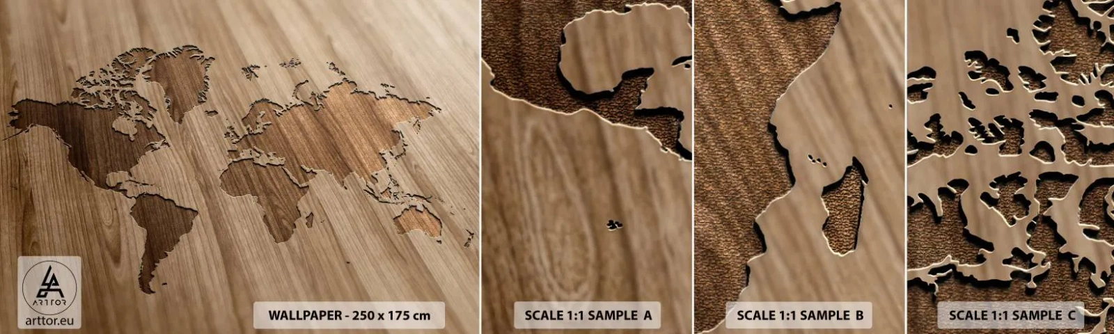 Muestra de fotomural autoadhesivo Deluxe Sticker - El mundo servido en la mesa - Mapa del mundo, Madera, Continentes - 100x30 cm