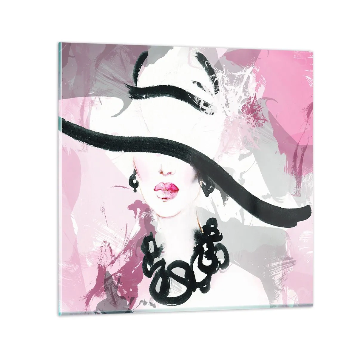 Cuadro sobre vidrio - Impresiones sobre Vidrio - Retrato de una dama en negro y rosa - 30x30 cm