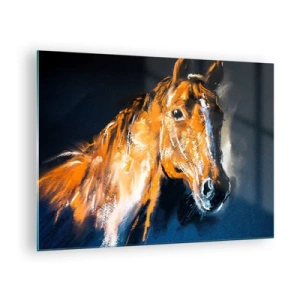 Cuadro sobre vidrio - Impresiones sobre Vidrio - Retrato de un caballo en intensos tonos marrones sobre un fondo oscuro. - 70x50cm - Entonces, ¿vienes? - Decoración de pared moderna para salón y dormitorio ARTTOR