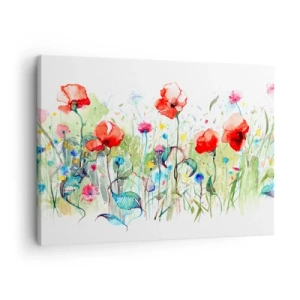 Cuadro sobre lienzo - Impresión de Imagen - Un prado con amapolas rojas y flores de colores en acuarela. - 70x50cm - Un prado en flor en mayo - Decoración de pared moderna para salón y dormitorio ARTTOR