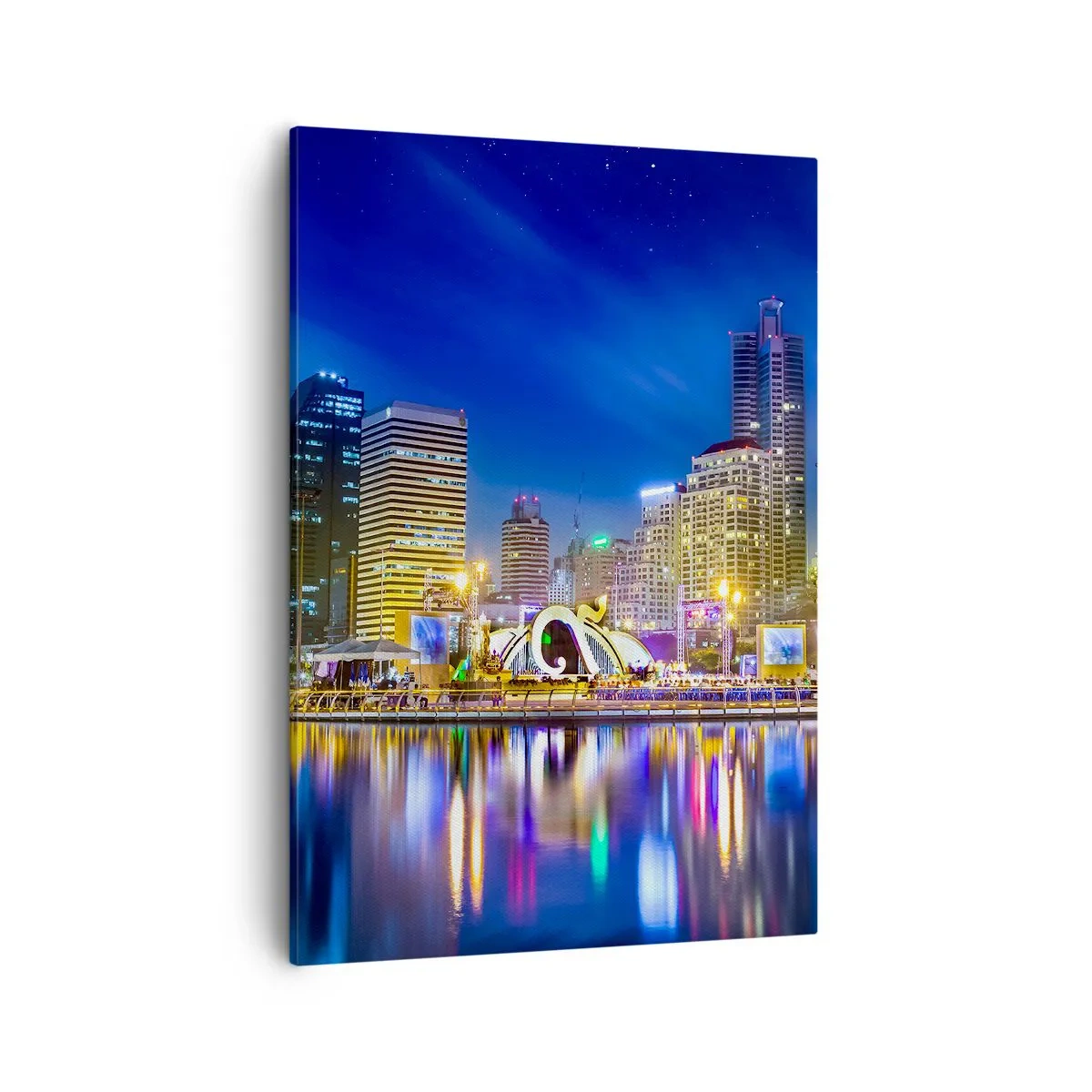 Cuadro sobre lienzo - Impresión de Imagen - Panorama nocturno de la ciudad con luces reflejadas en el agua. - 50x70cm - La noche del arco iris de la metrópoli - Decoración de pared moderna para salón y dormitorio ARTTOR